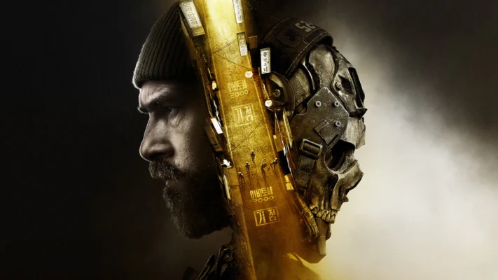 Side-profile of a bearded man in a knit cap, fused with a yellow futuristic helmet against a dark background.