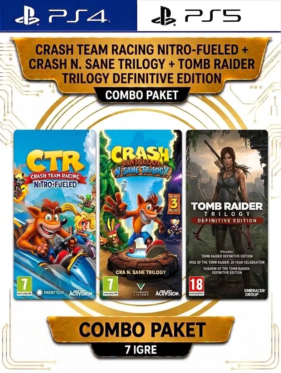 Kupi Crash Team Racing Nitro Fueled Crash N Sane Trilogy i Tomb Raider Definitive Survivor Trilogy PS4 i PS5 paket igara po najpovoljnijoj ceni u Srbiji