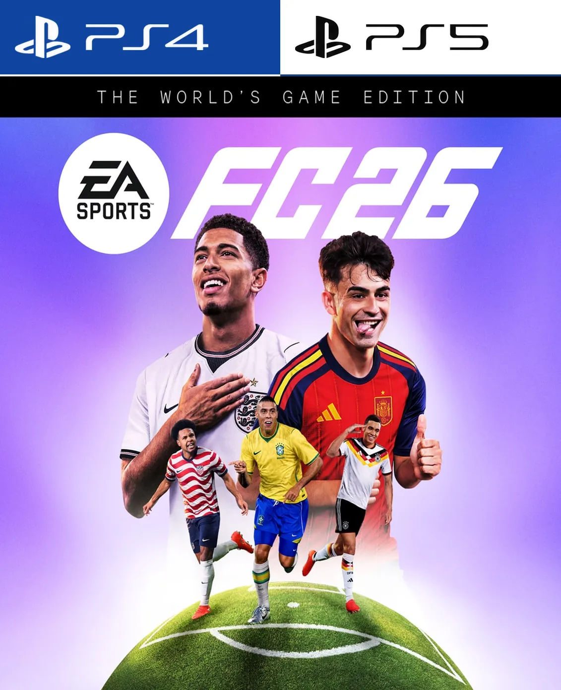 EA Sports FC 24 cover art with two large players in front and several smaller players on a purple gradient background; PS4 and PS5 logos top.