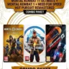 PS5 promo showing three game covers—Mortal Kombat 11 Ultimate, Mortal Kombat 1, and Need for Speed: Hot Pursuit Remastered—with a 'Combo Paket' banner at the bottom side.