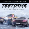 PS5 game cover for Test Drive Unlimited Solar Crown – Silver Streets Edition, showing a gold SUV and a black luxury car with a person beside them and neon blue circuitry in the background.