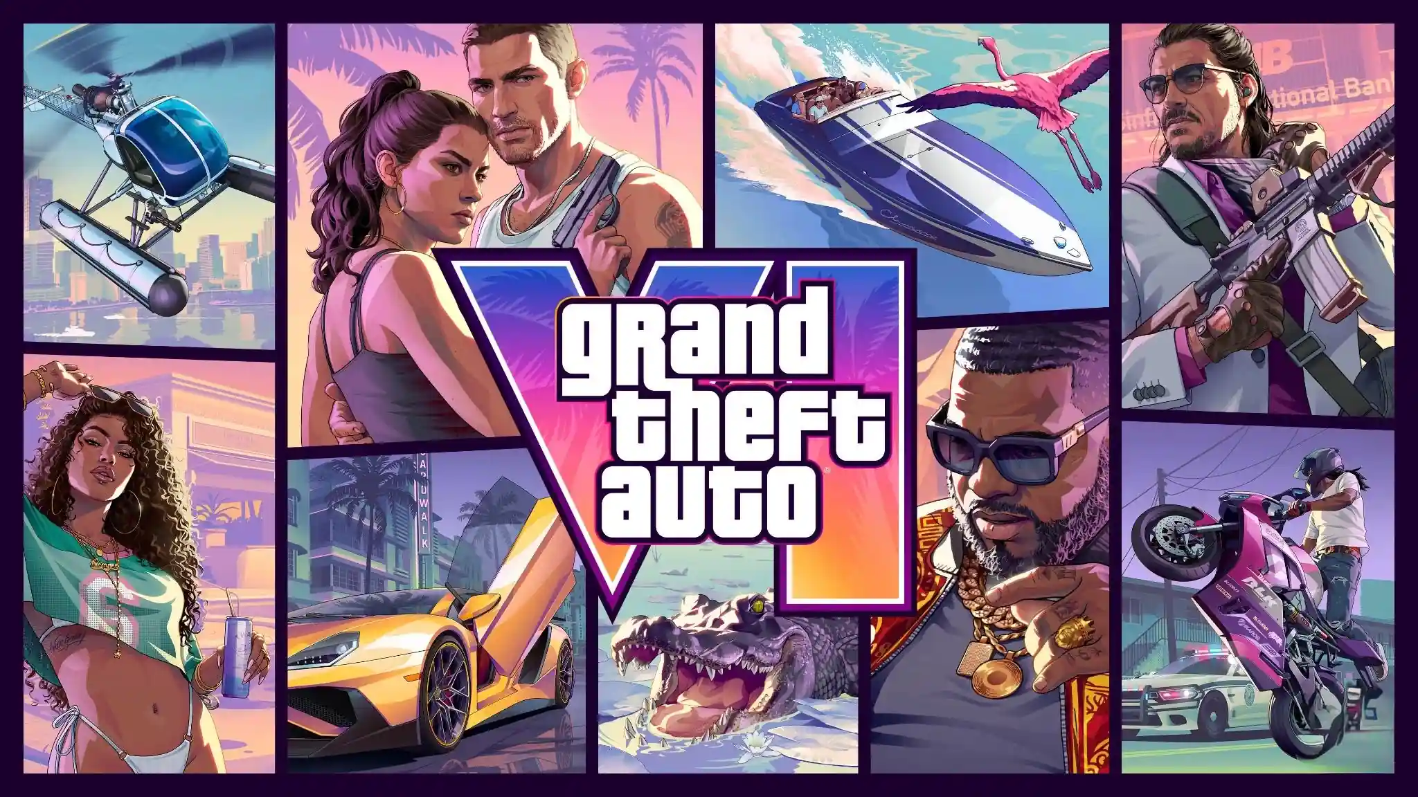 GTA 6 naslovna slika – Lucija i Džejson na automobilu ispred Vice City palmi